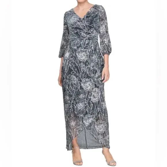 SL Fashions Metallic Print Blouson-Sleeve High-Low Gown Teal Silver Sz 18 - Picture 1 of 9